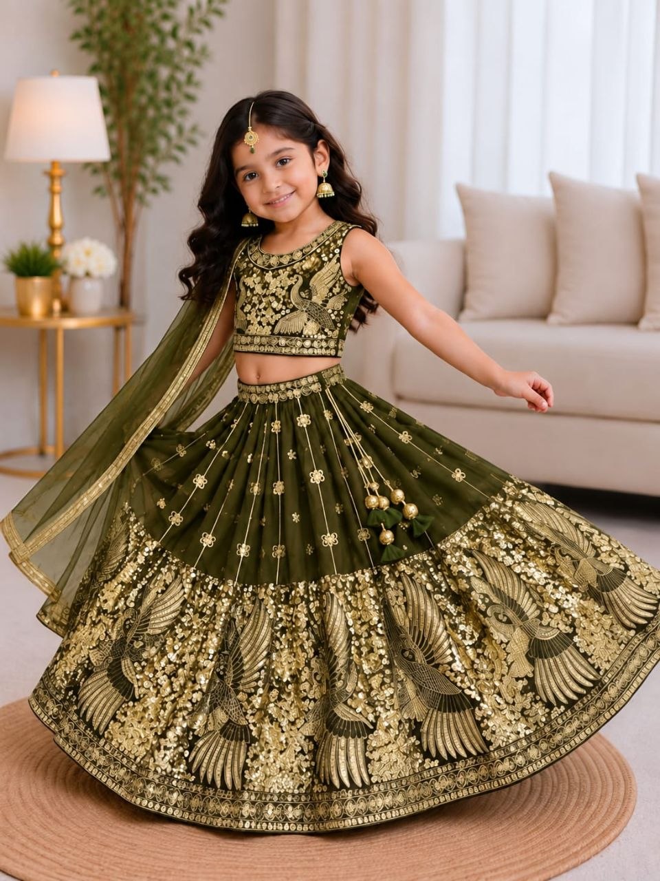 Mehandi Pure Soft Sindur Silk Sequins Embroidery Work Work Kid&