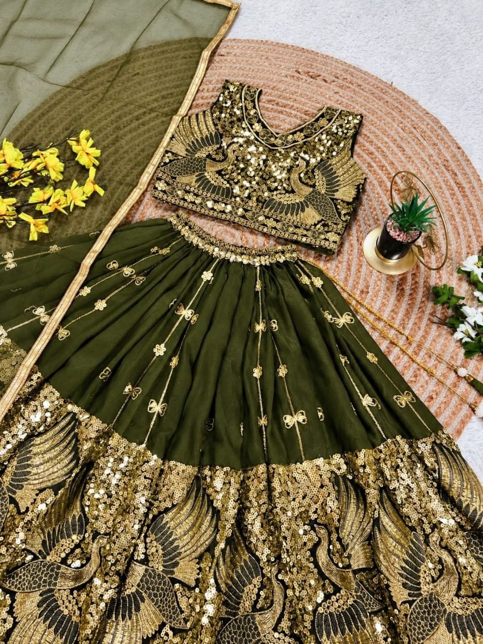 Mehandi Pure Soft Sindur Silk Sequins Embroidery Work Work Kid&