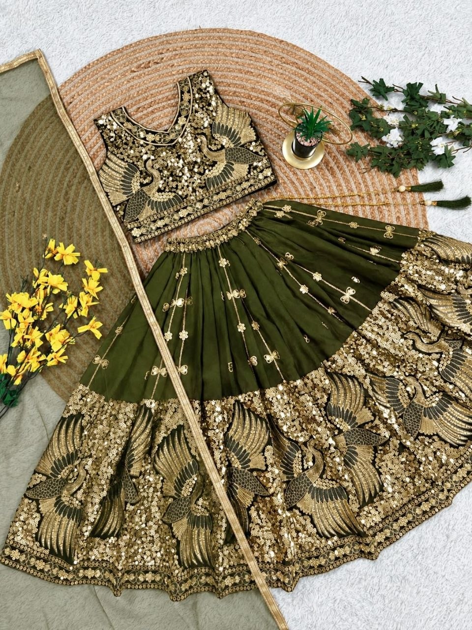 Mehandi Pure Soft Sindur Silk Sequins Embroidery Work Work Kid&
