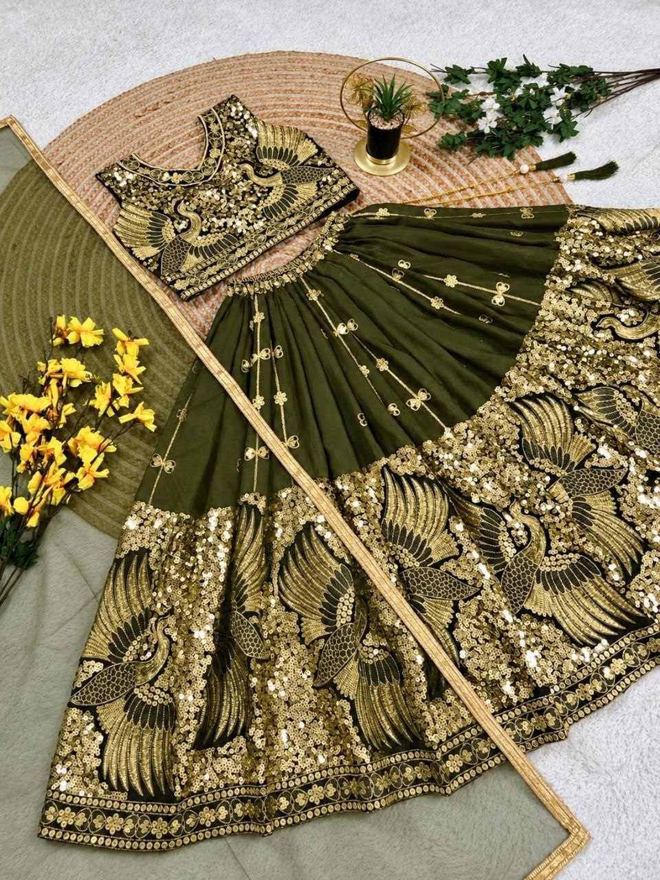 Mehandi Pure Soft Sindur Silk Sequins Embroidery Work Work Kid&