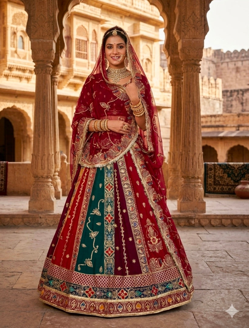 Maroon Pure Georgette 08 Mtr Flair Jaru Multi Work Rajasthani Rajwadi Rajputi Lehenga Choli