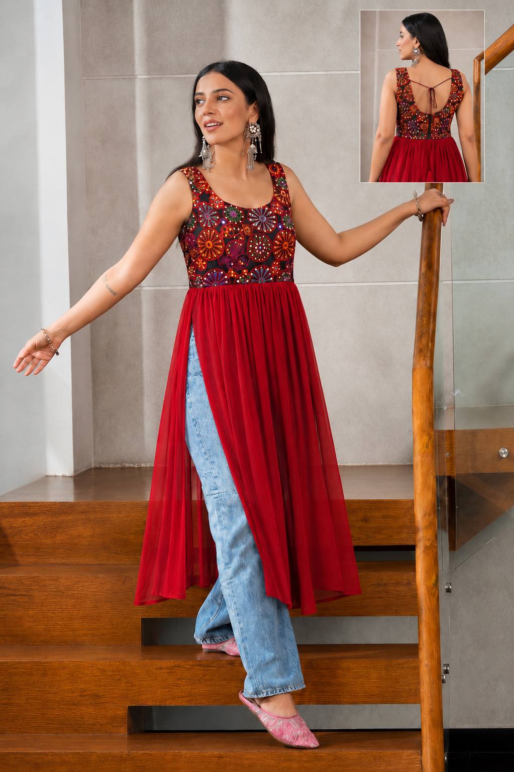 Red Pure Heavy Georgette with Embroidery Mirror Work Navratri Long Top
