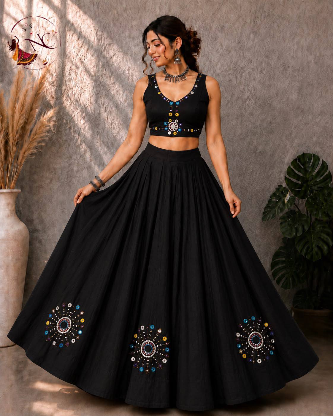 Black Pure Roman Silk Heavy Hand Work Real Mirror Work Navratri Lehenga Choli