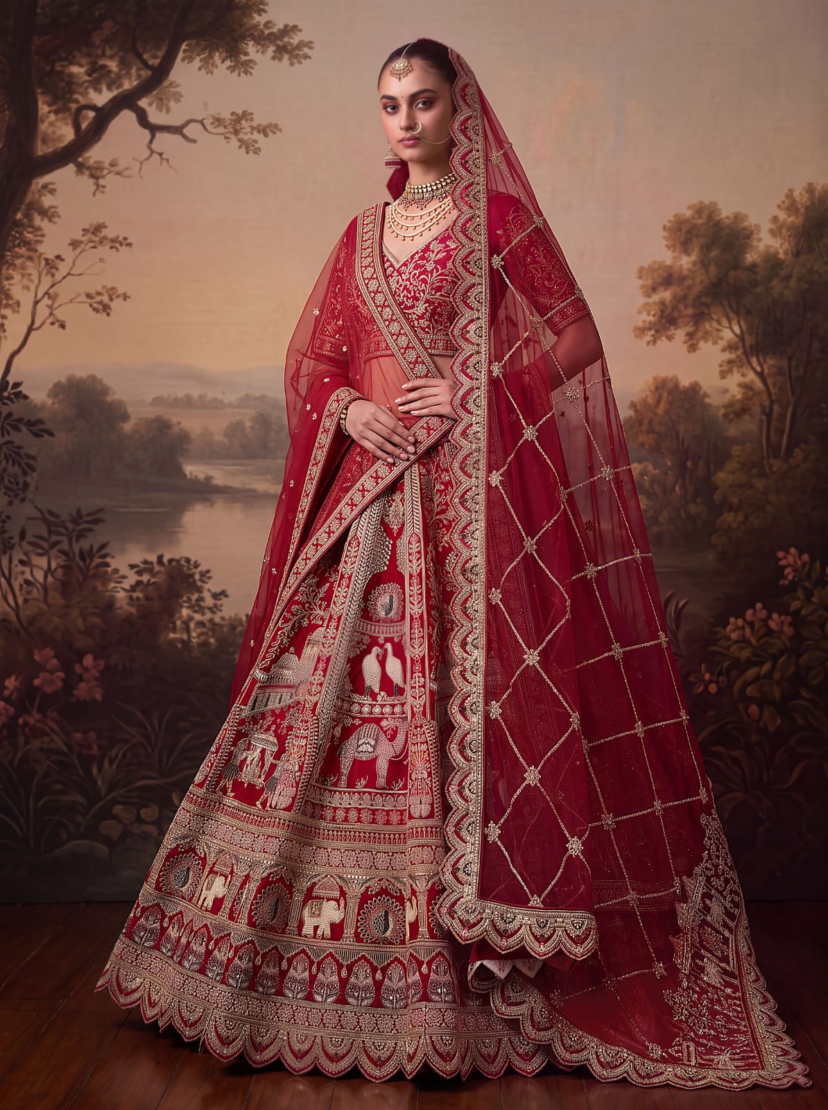Red Pure Soft Silk Baraat Pattern Handwork Moti Dori & Multi Thread Sequins Work Bridal Lehenga Choli