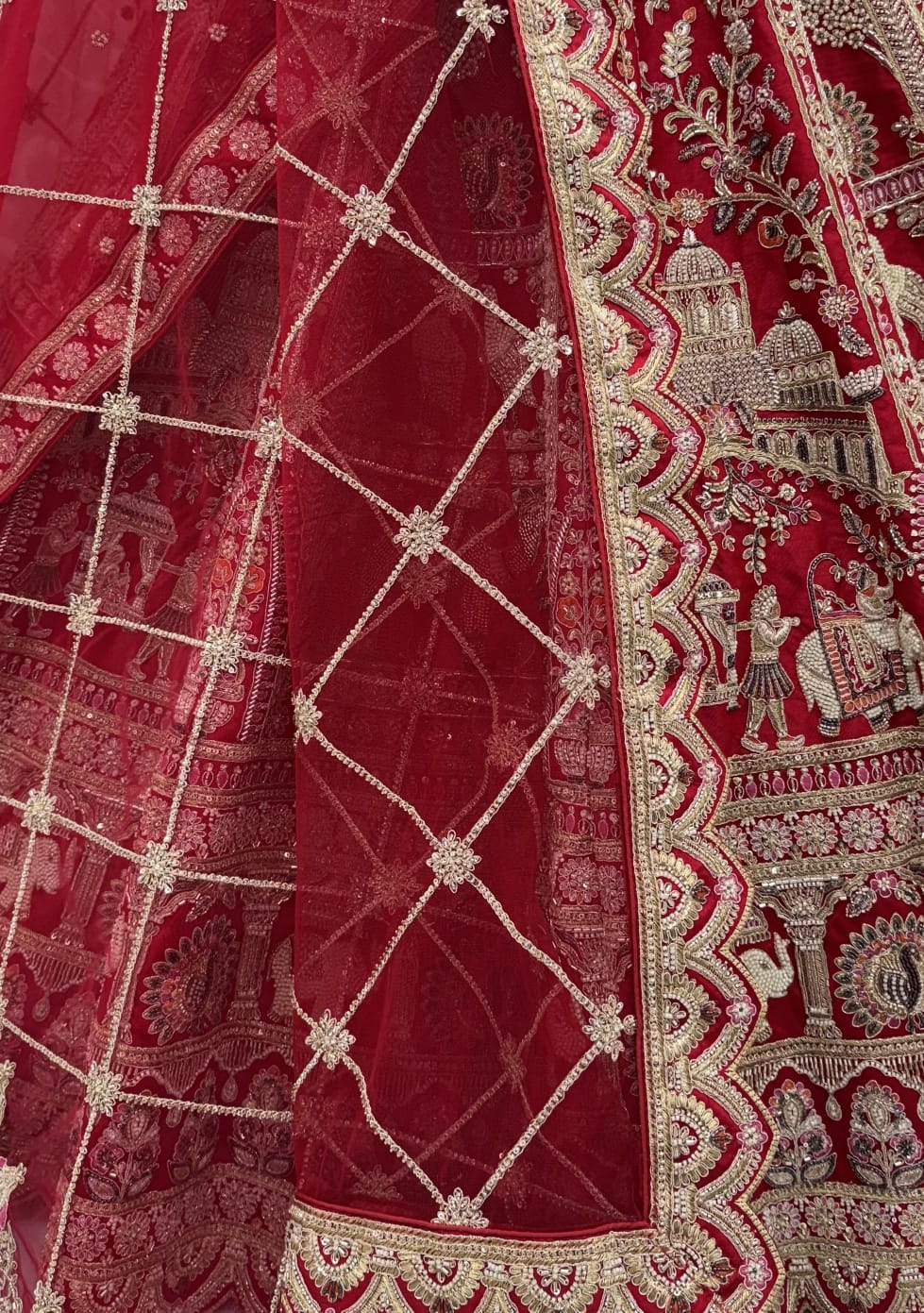 Red Pure Soft Silk Baraat Pattern Handwork Moti Dori & Multi Thread Sequins Work Bridal Lehenga Choli
