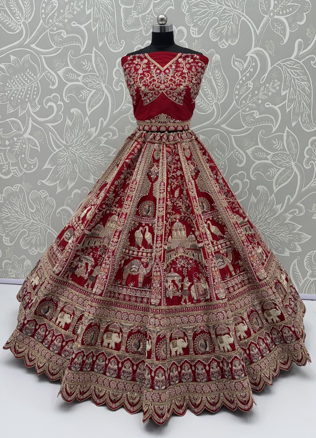 Red Pure Soft Silk Baraat Pattern Handwork Moti Dori & Multi Thread Sequins Work Bridal Lehenga Choli