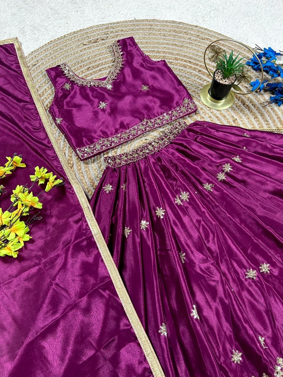 Magenta Pure Soft Chinon Silk Sequins Embroidery Work Work Kid&