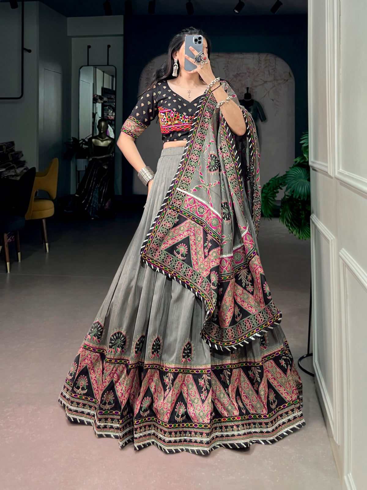 Black Pure Tasar Silk Gamthi Work Navratri Lehenga Choli