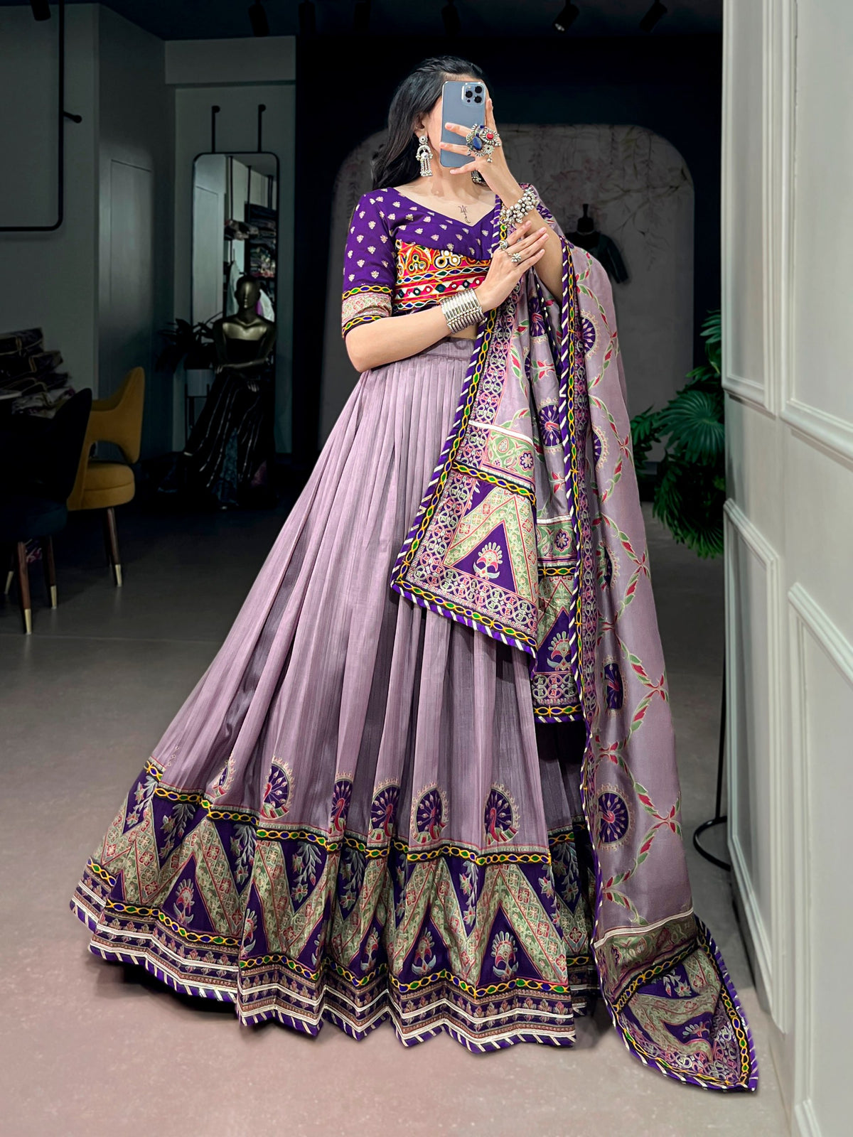 Purple Pure Tasar Silk Gamthi Work Navratri Lehenga Choli