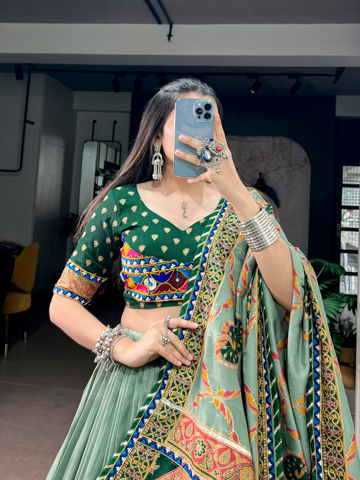 Green Pure Tasar Silk Gamthi Work Navratri Lehenga Choli