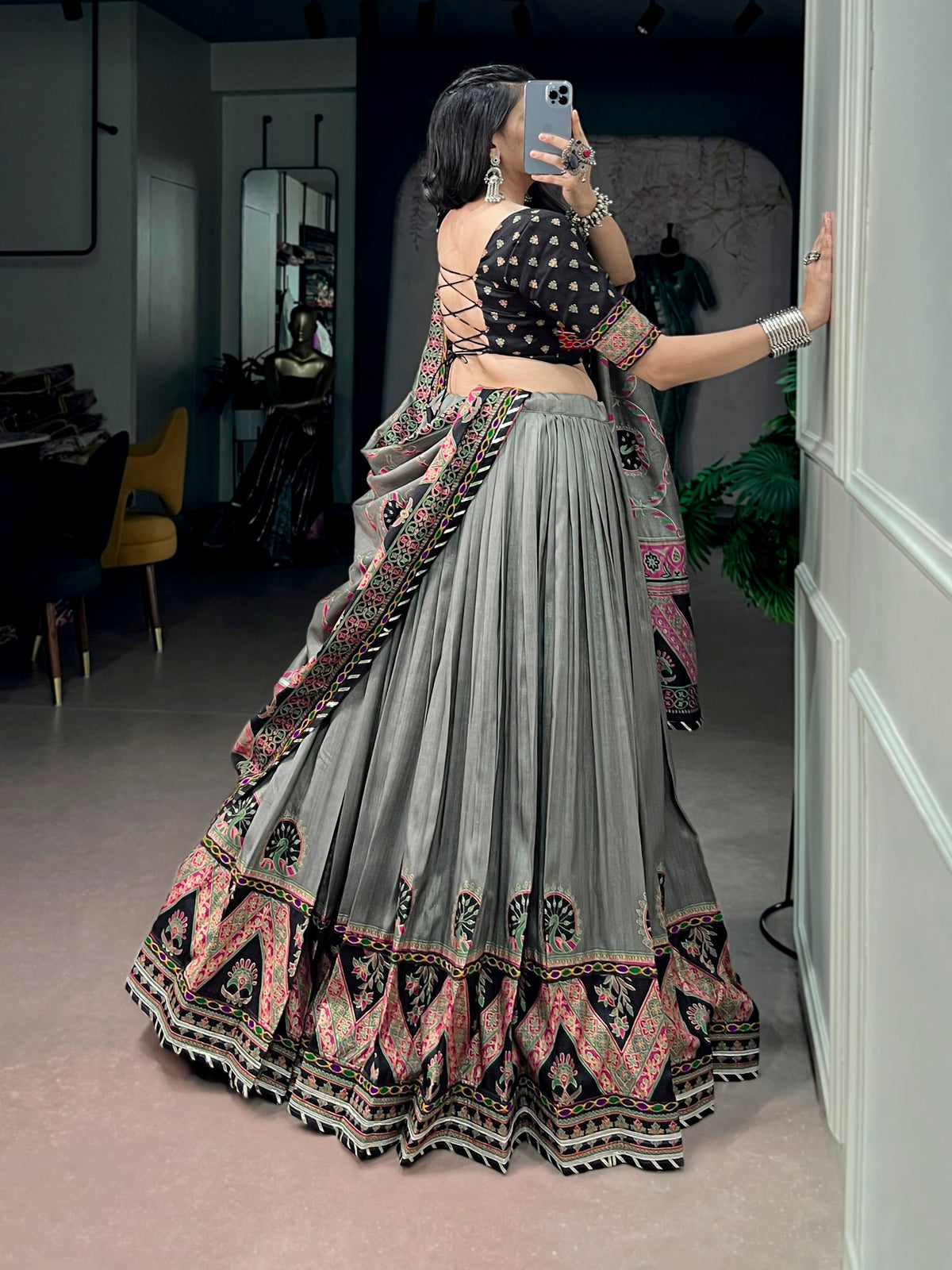 Black Pure Tasar Silk Gamthi Work Navratri Lehenga Choli