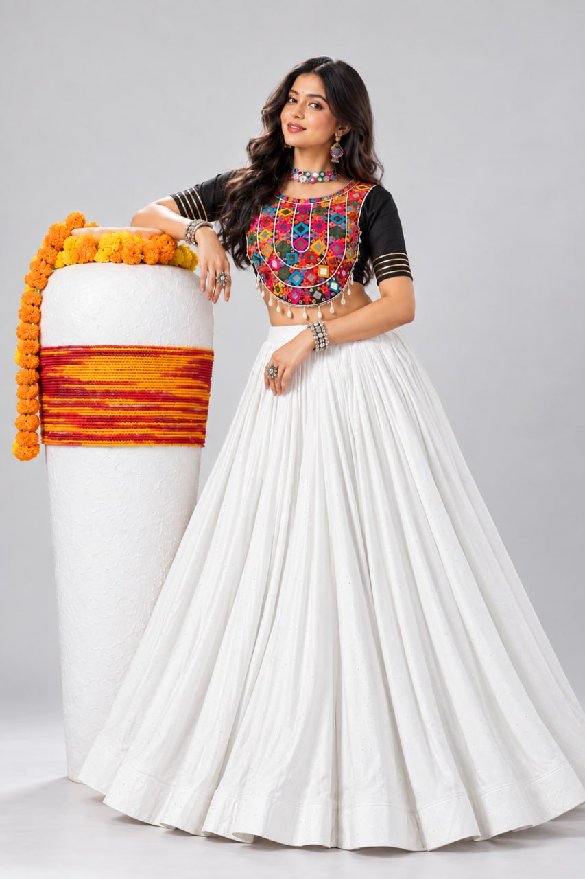 White Pure Rayon Cotton Premium Diamond Stone Work Navratri Lehenga Choli