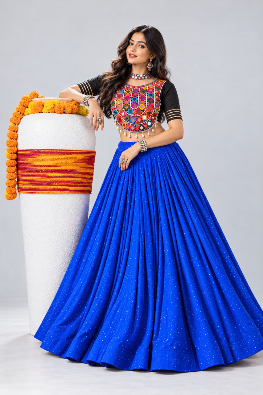 Royal Blue Pure Rayon Cotton Premium Diamond Stone Work Navratri Lehenga Choli