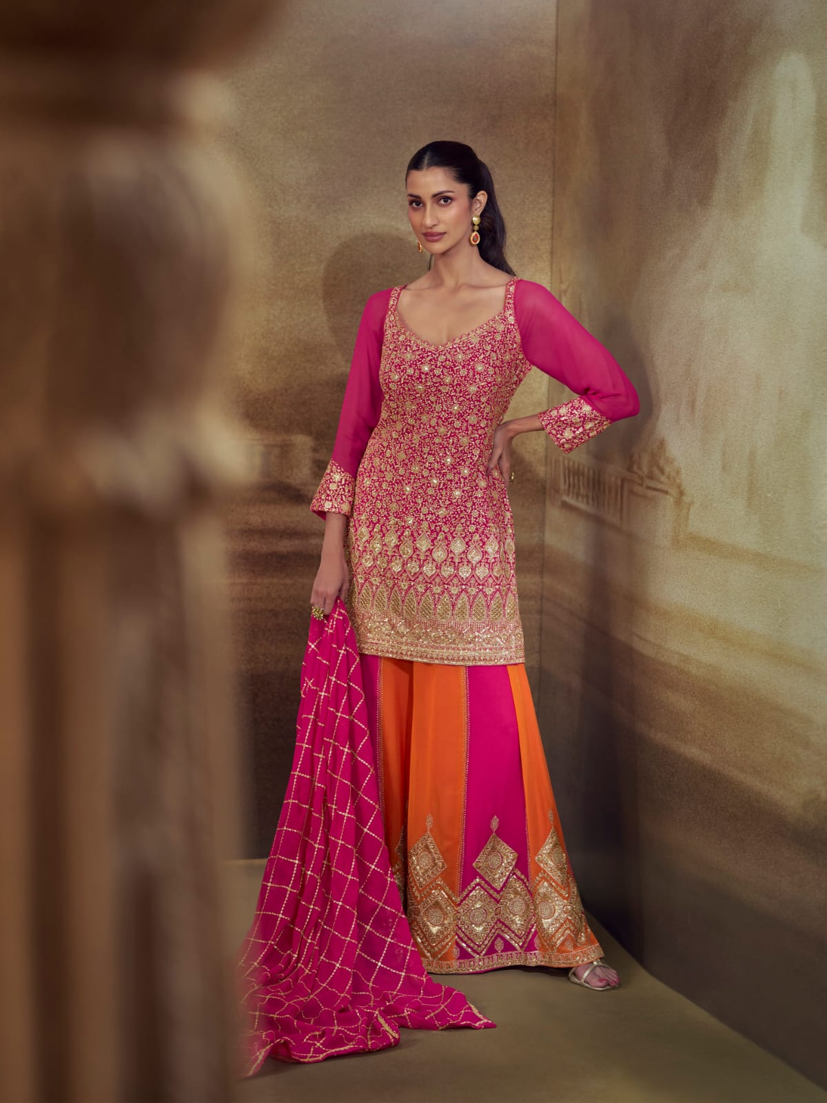 Magenta Heavy Embroidered Georgette Palazzo Suit Set with Dupatta