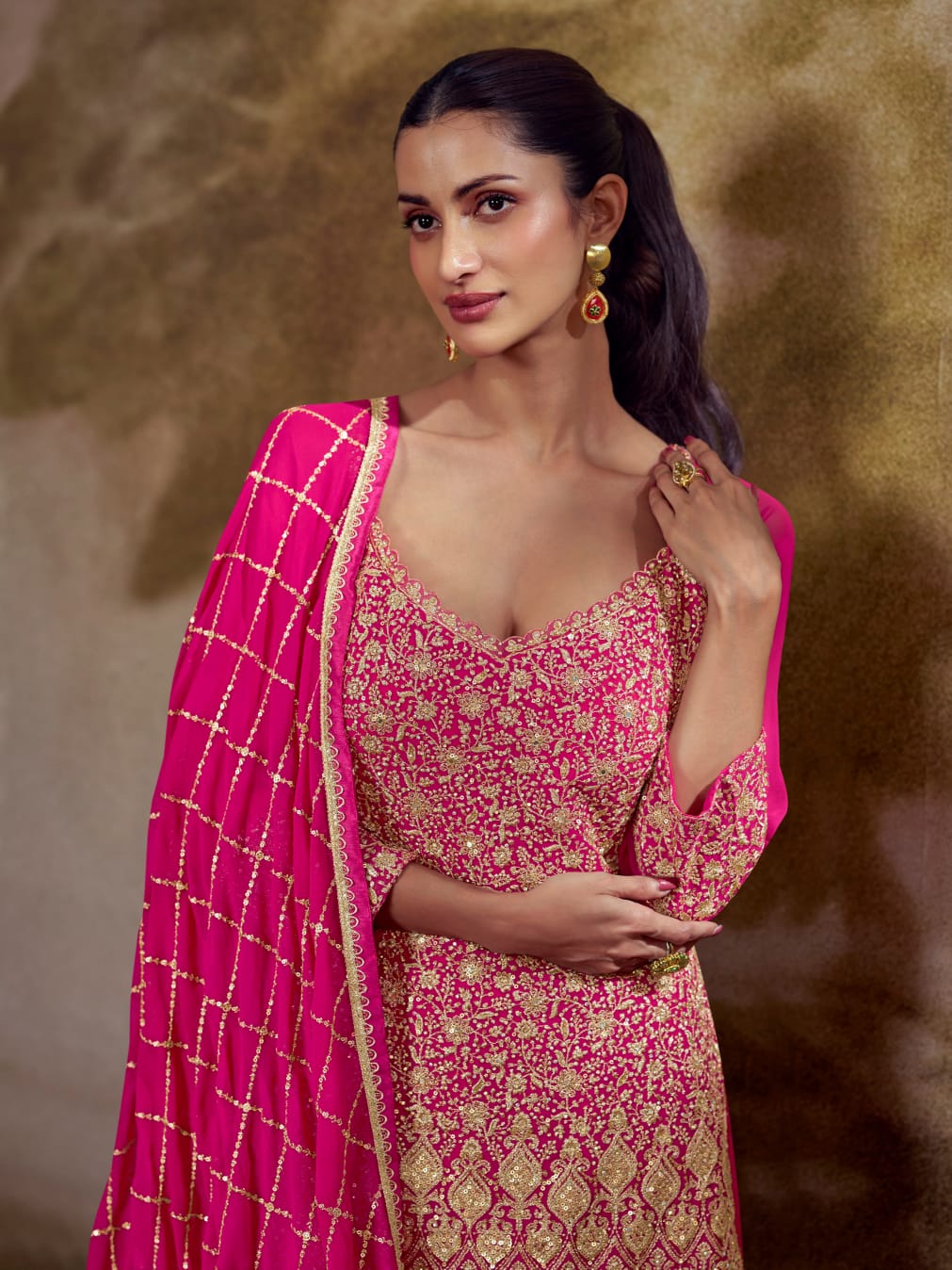 Magenta Heavy Embroidered Georgette Palazzo Suit Set with Dupatta