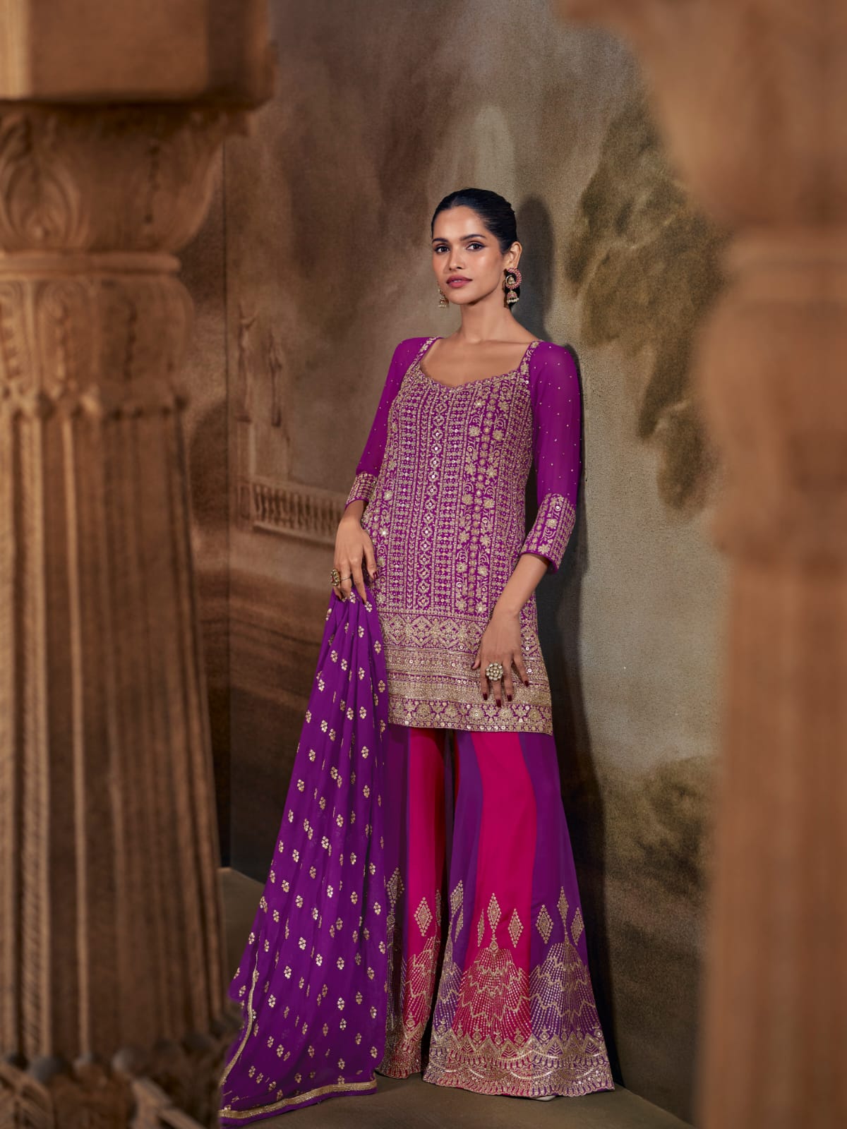 Purple Heavy Embroidered Georgette Palazzo Suit Set with Dupatta