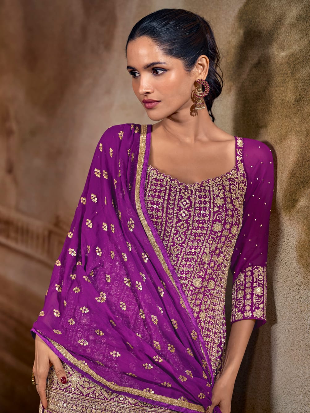 Purple Heavy Embroidered Georgette Palazzo Suit Set with Dupatta