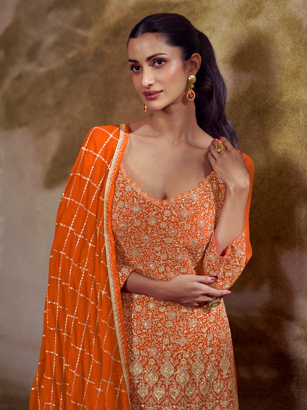 Orange Heavy Embroidered Georgette Palazzo Suit Set with Dupatta