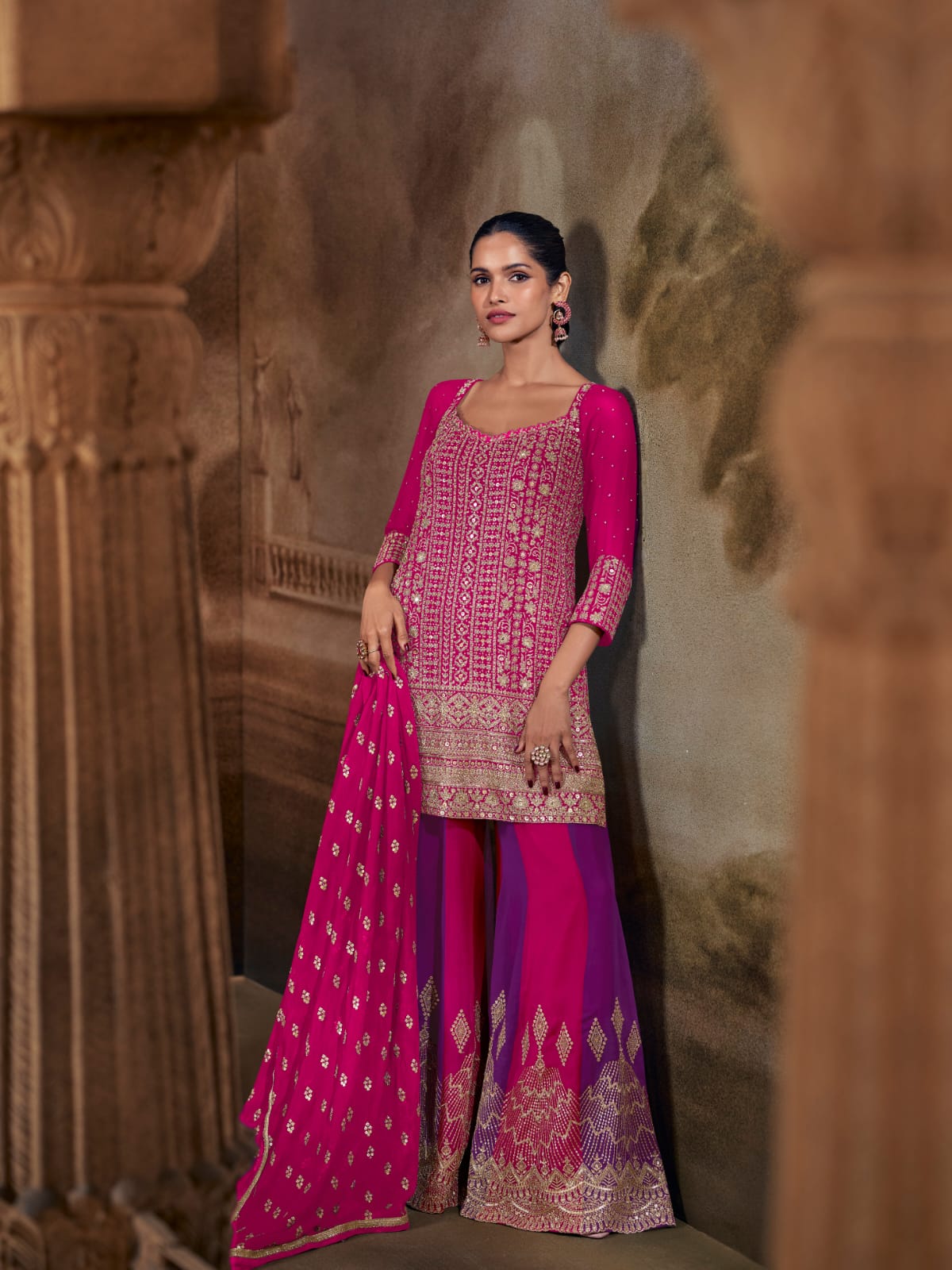 Pink Heavy Embroidered Georgette Palazzo Suit Set with Dupatta