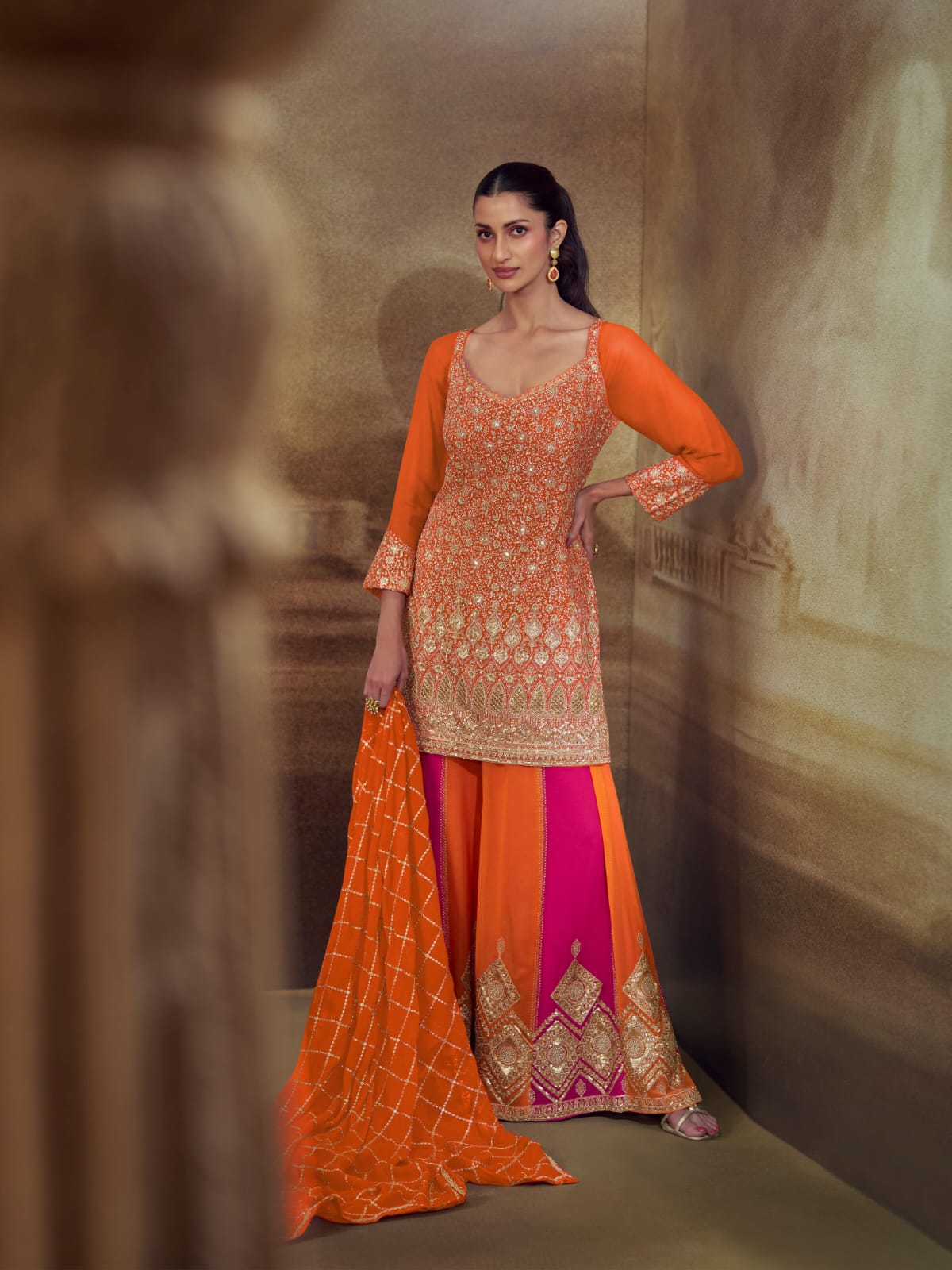 Orange Heavy Embroidered Georgette Palazzo Suit Set with Dupatta