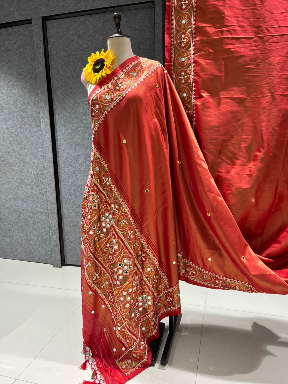 Orange Pure Soft Banarasi Patola Silk Blend Traditional Manekchowk Hand and Mirror Work Patola Saree