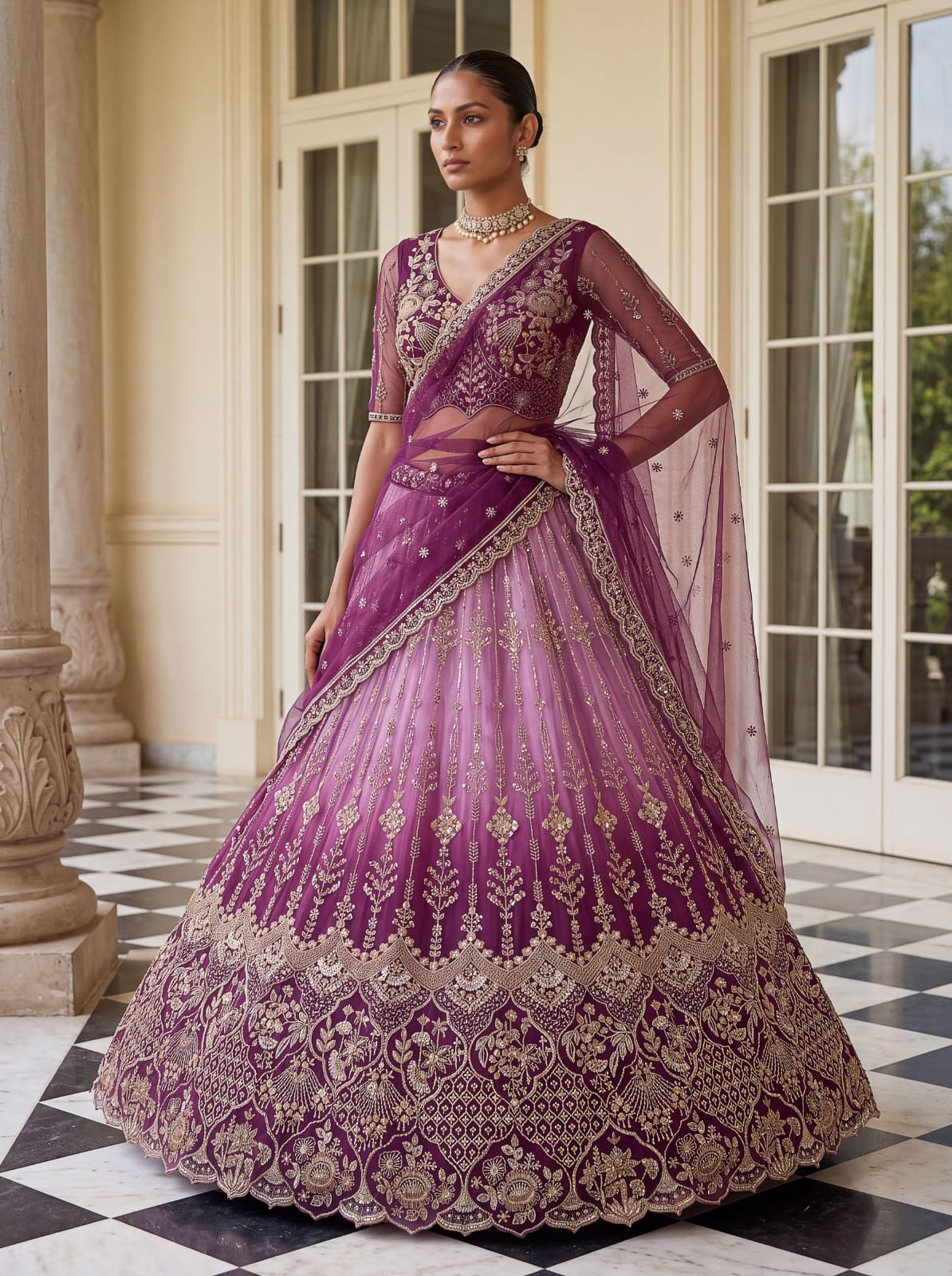 Purple Pure Heavy Net Motif Handwork Zari Sequins Work Bridal Lehenga Choli