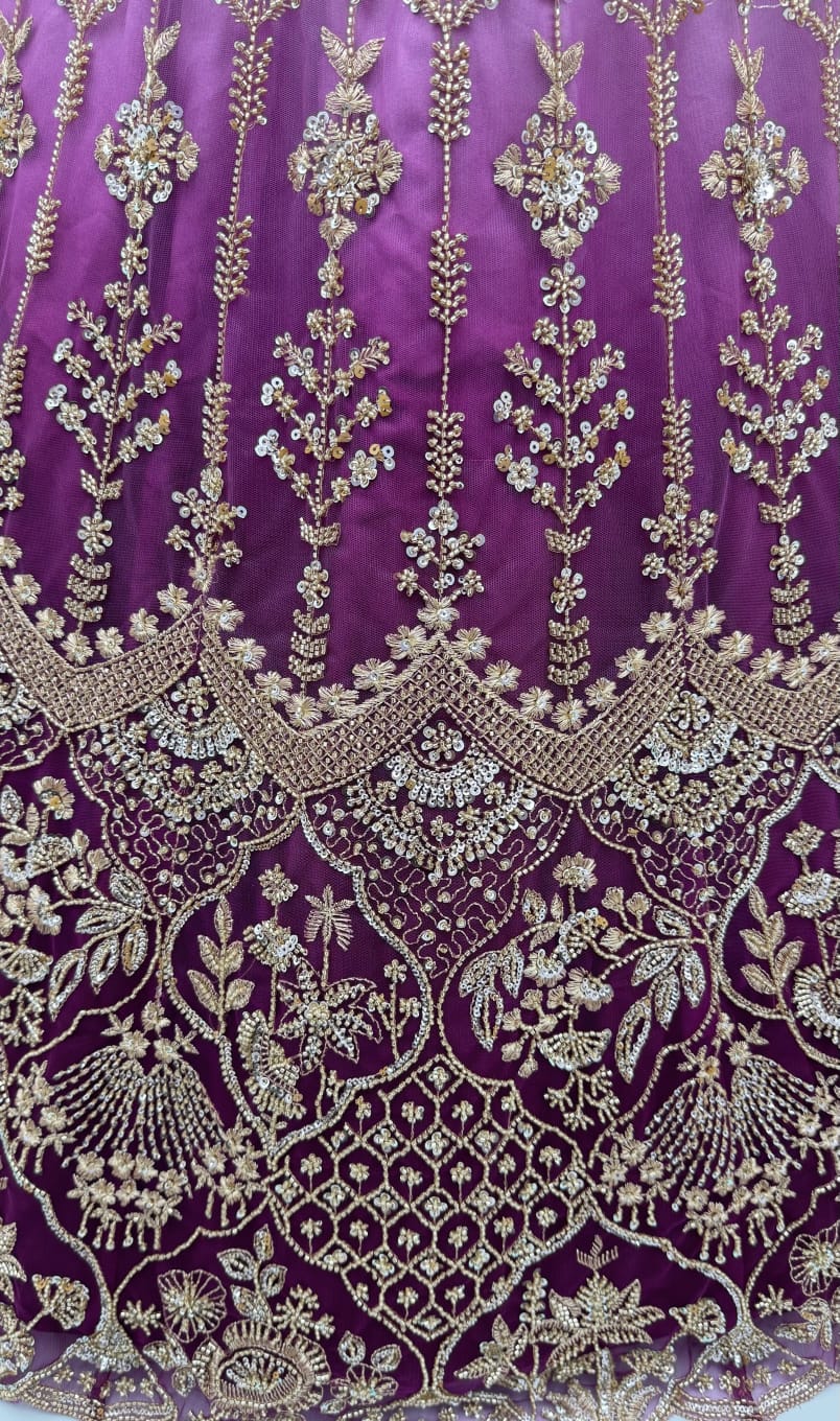 Purple Pure Heavy Net Motif Handwork Zari Sequins Work Bridal Lehenga Choli