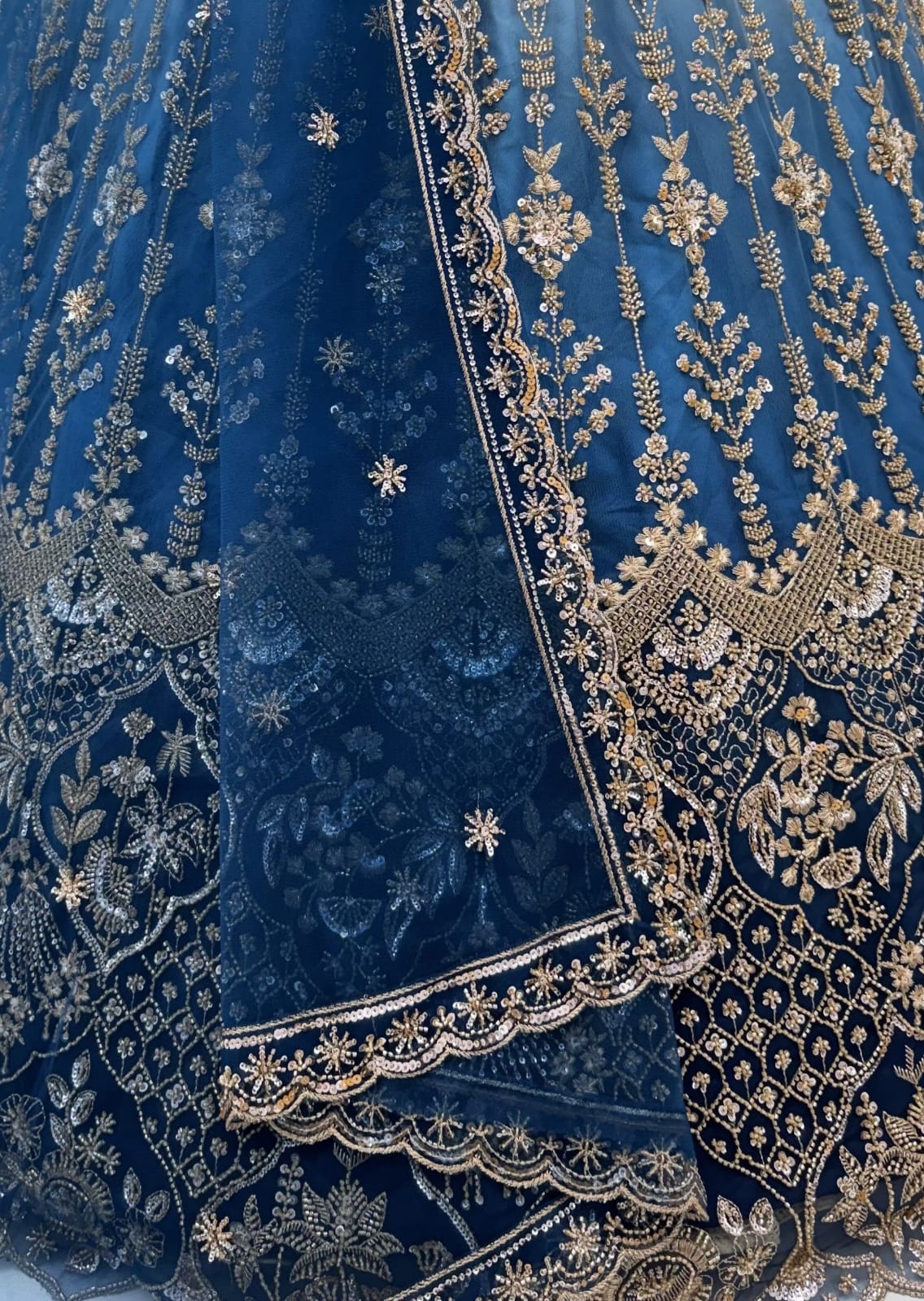 Sky Pure Heavy Net Motif Handwork Zari Sequins Work Bridal Lehenga Choli