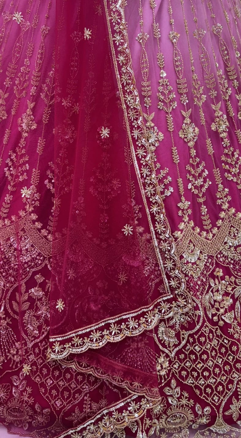 Pink Pure Heavy Net Motif Handwork Zari Sequins Work Bridal Lehenga Choli