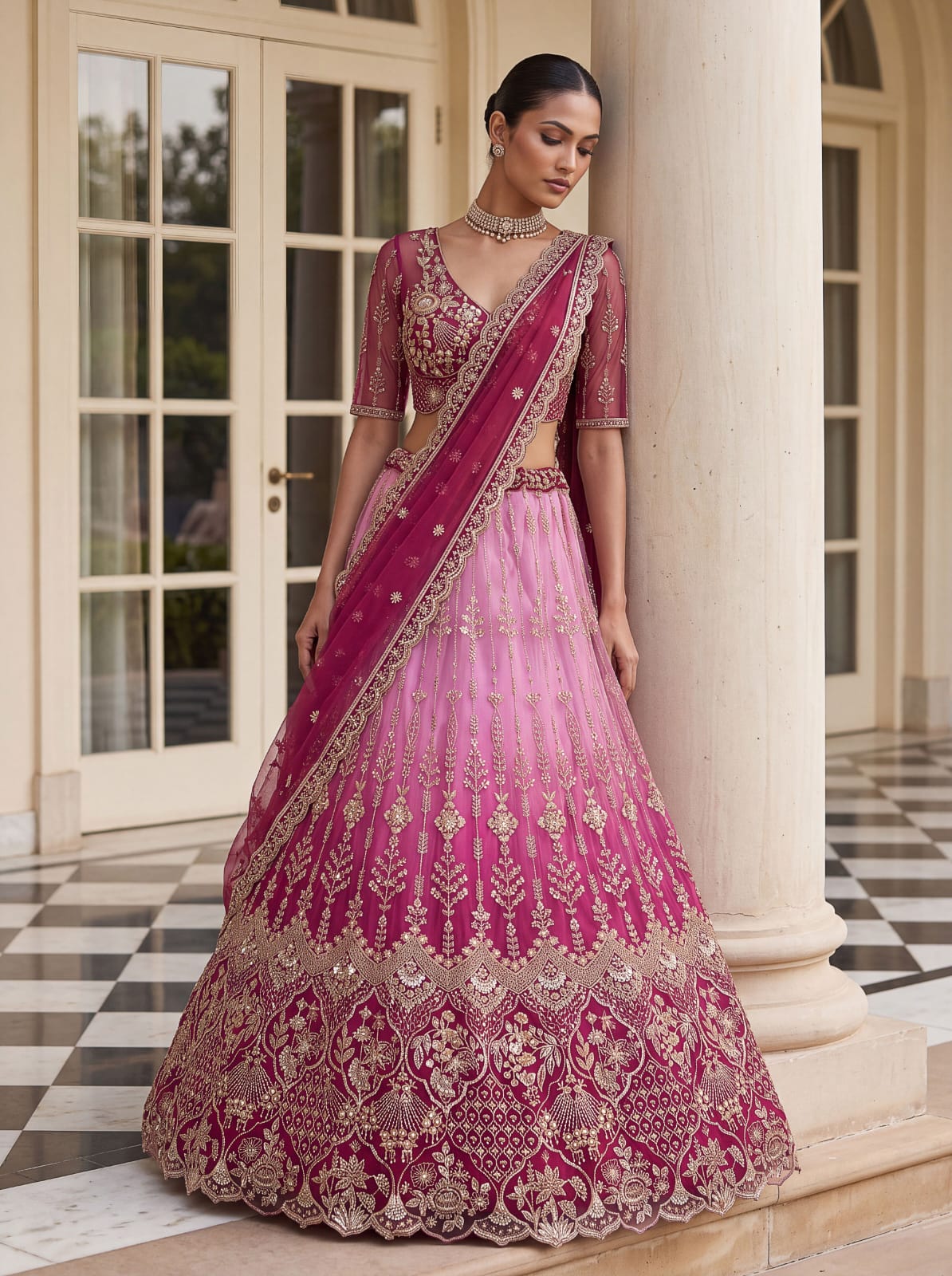 Pink Pure Heavy Net Motif Handwork Zari Sequins Work Bridal Lehenga Choli