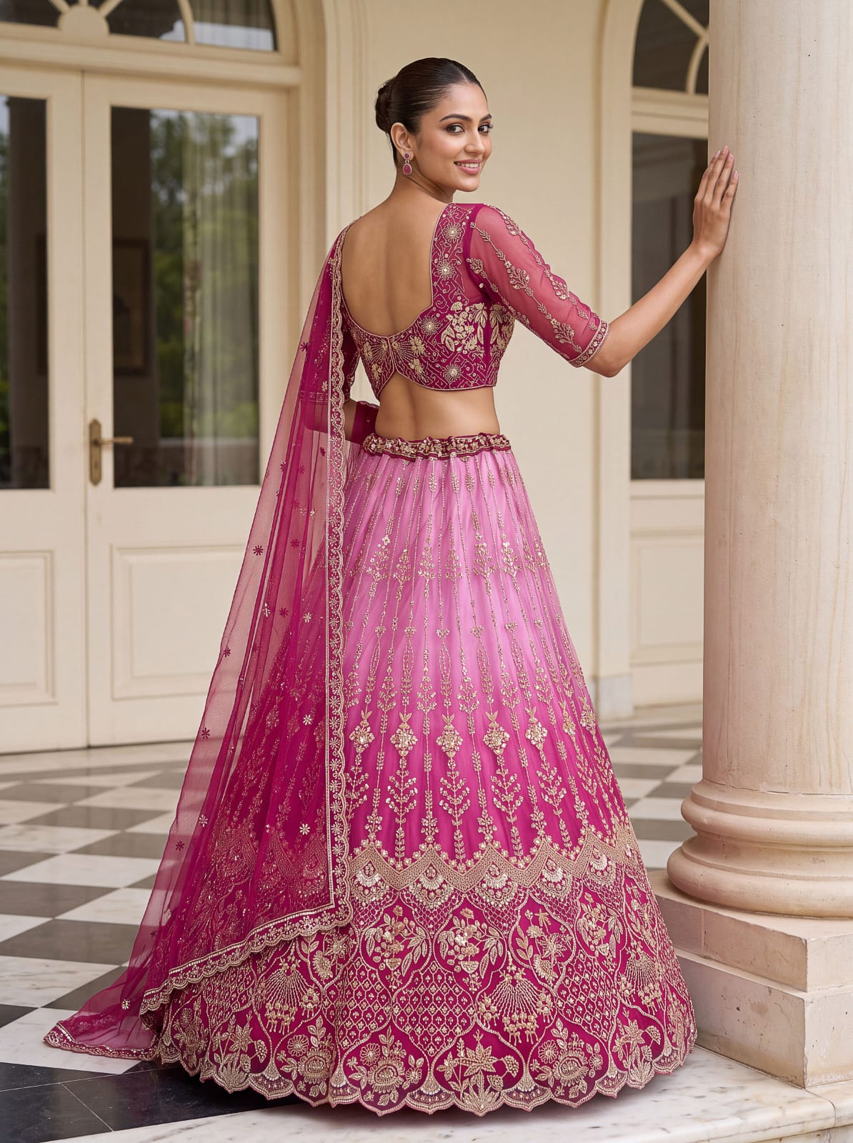 Pink Pure Heavy Net Motif Handwork Zari Sequins Work Bridal Lehenga Choli