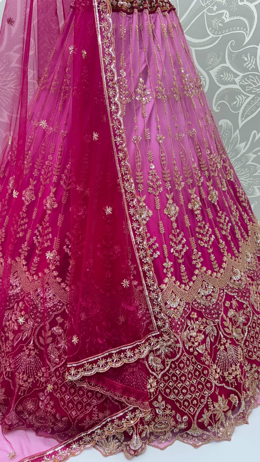 Pink Pure Heavy Net Motif Handwork Zari Sequins Work Bridal Lehenga Choli
