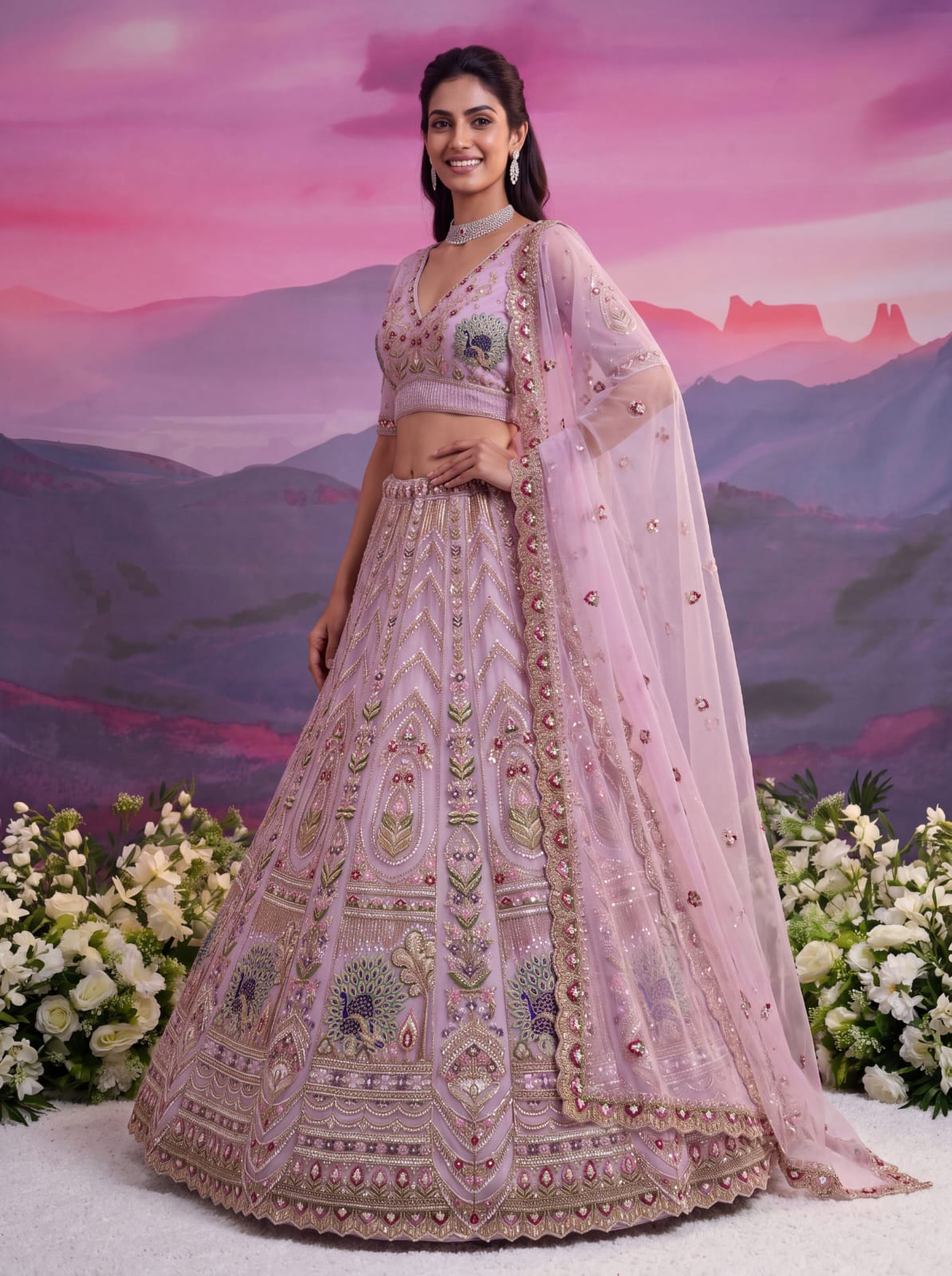 Pink Pure Heavy Net Motif Handwork Zari Sequins Work Bridal Lehenga Choli