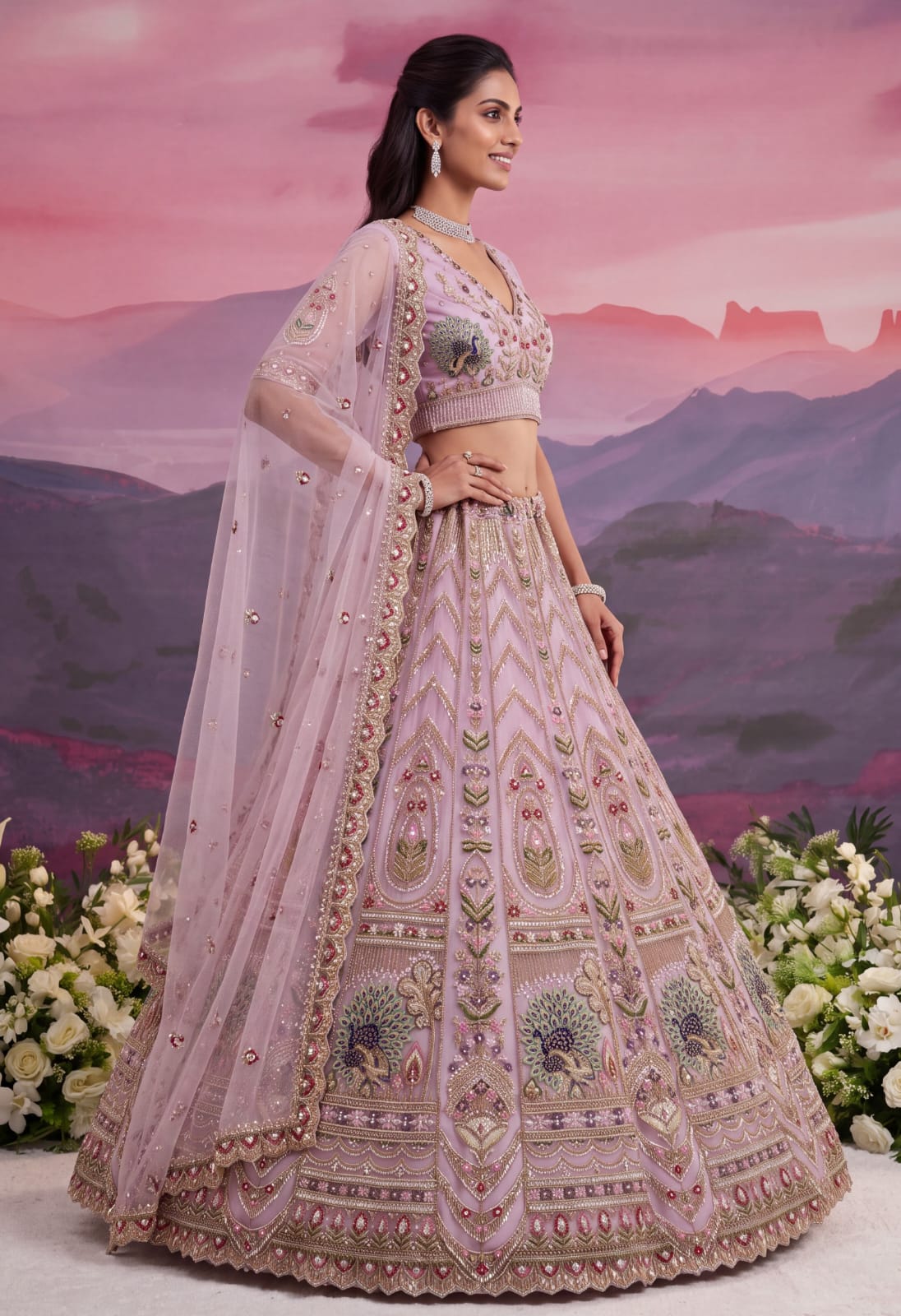 Pink Pure Heavy Net Motif Handwork Zari Sequins Work Bridal Lehenga Choli