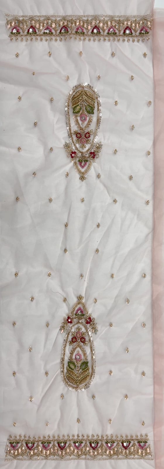Peach Pure Heavy Net Motif Handwork Zari Sequins Work Bridal Lehenga Choli