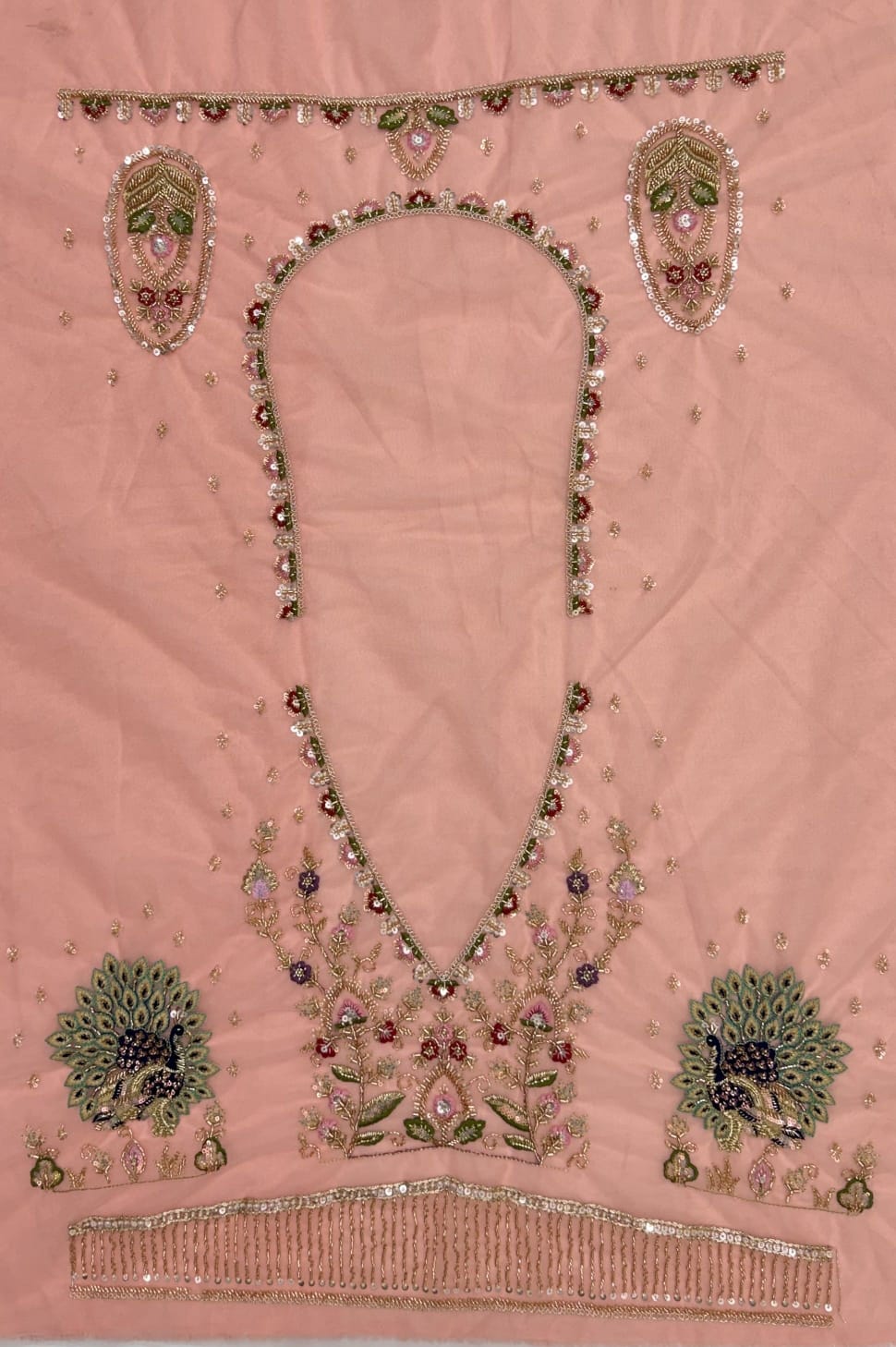 Peach Pure Heavy Net Motif Handwork Zari Sequins Work Bridal Lehenga Choli