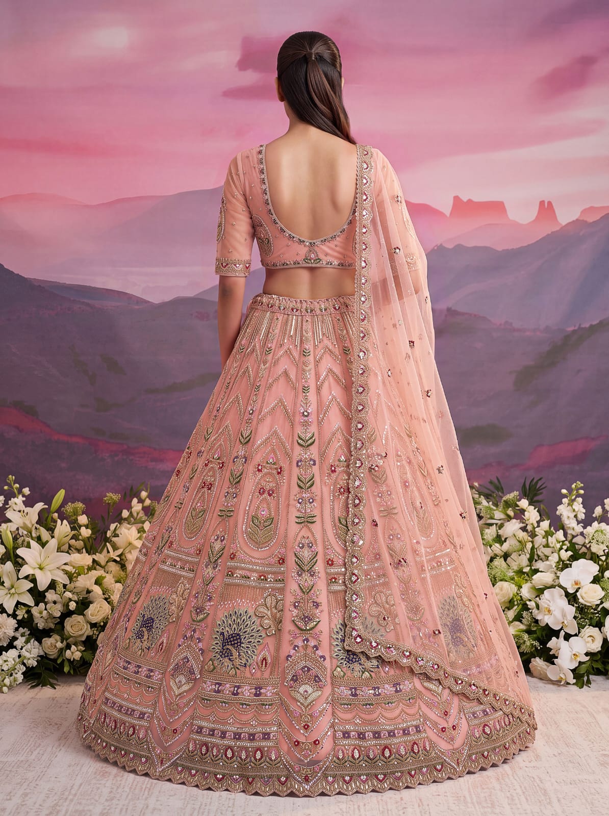 Peach Pure Heavy Net Motif Handwork Zari Sequins Work Bridal Lehenga Choli
