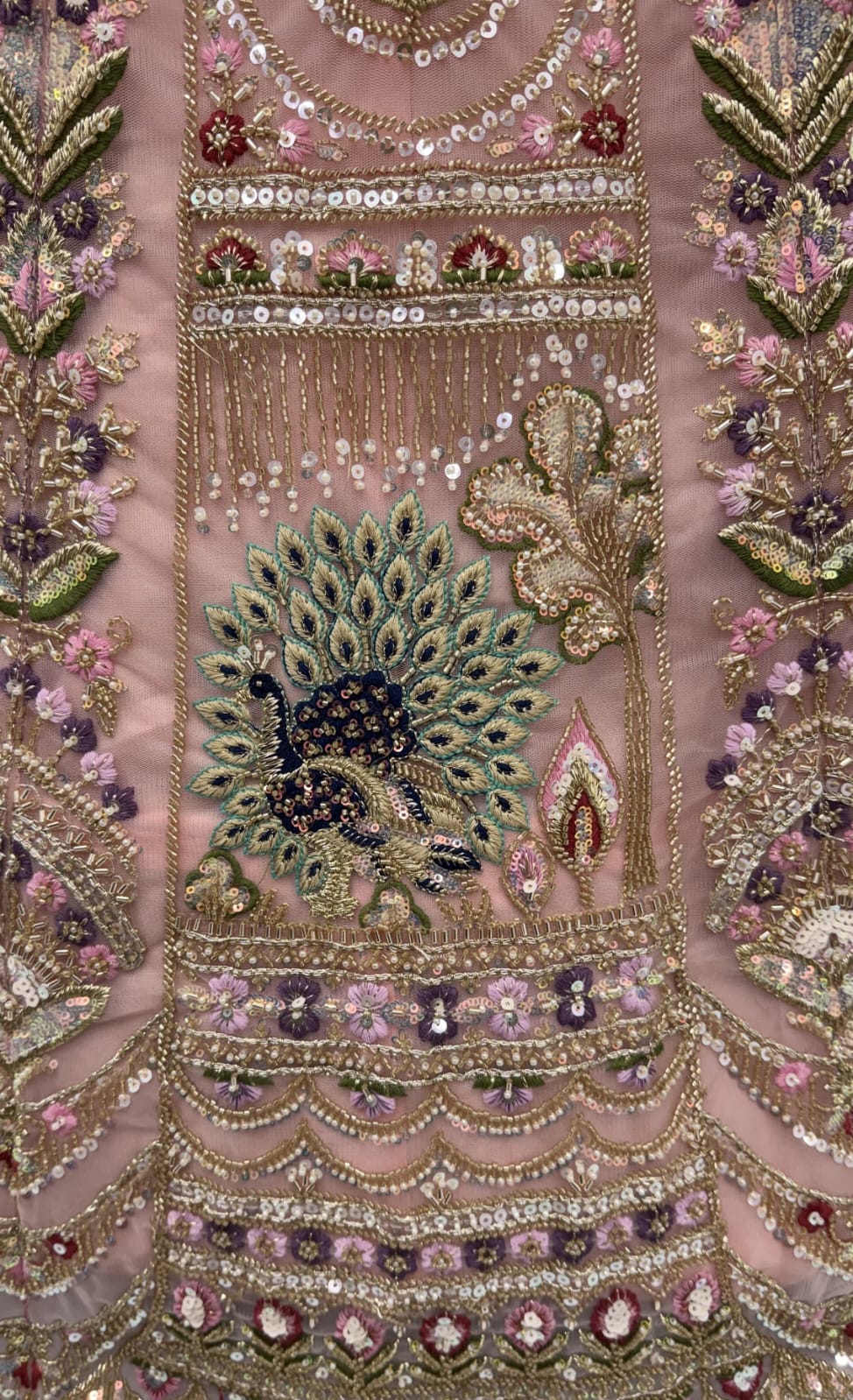 Peach Pure Heavy Net Motif Handwork Zari Sequins Work Bridal Lehenga Choli