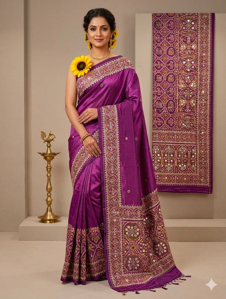 Purple Pure Soft Banarasi Patola Silk Blend Traditional Manekchowk Hand and Mirror Work Patola Saree