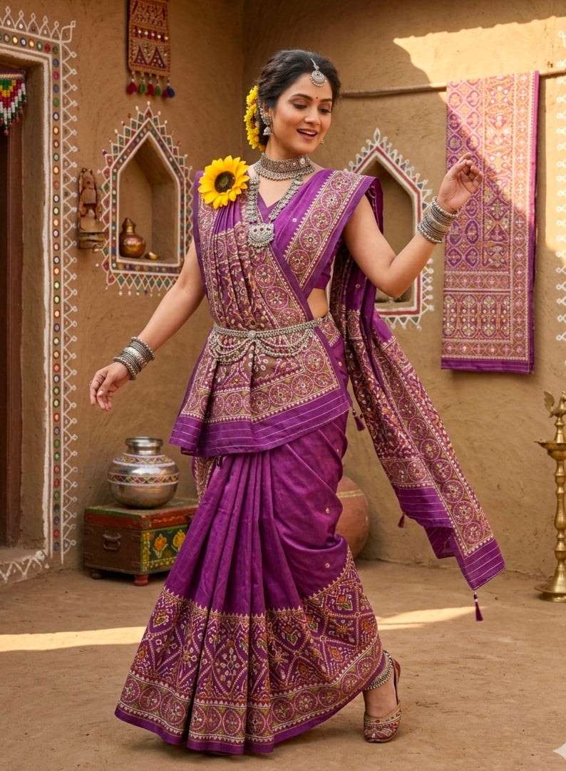 Purple Pure Soft Banarasi Patola Silk Blend Traditional Manekchowk Hand and Mirror Work Patola Saree