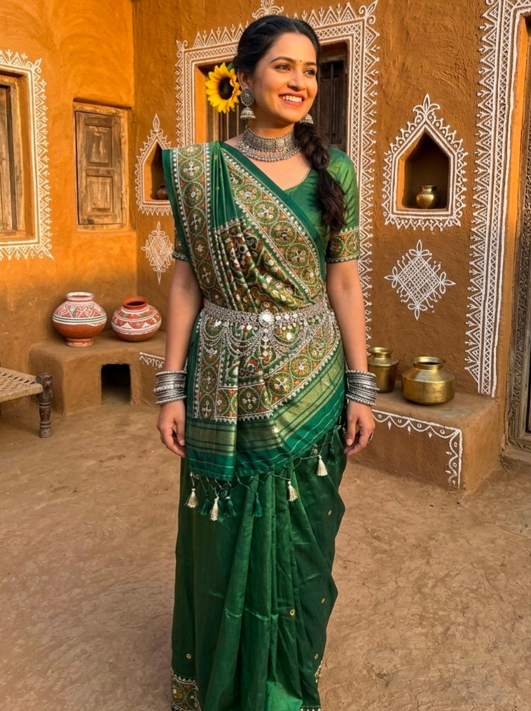 Green Pure Soft Banarasi Patola Silk Blend Traditional Manekchowk Hand and Mirror Work Patola Saree