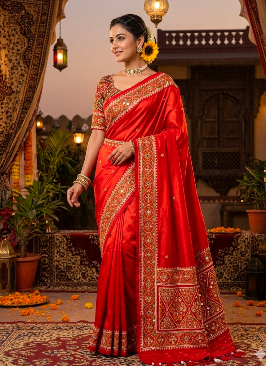 Red Pure Soft Banarasi Patola Silk Blend Traditional Manekchowk Hand and Mirror Work Patola Saree