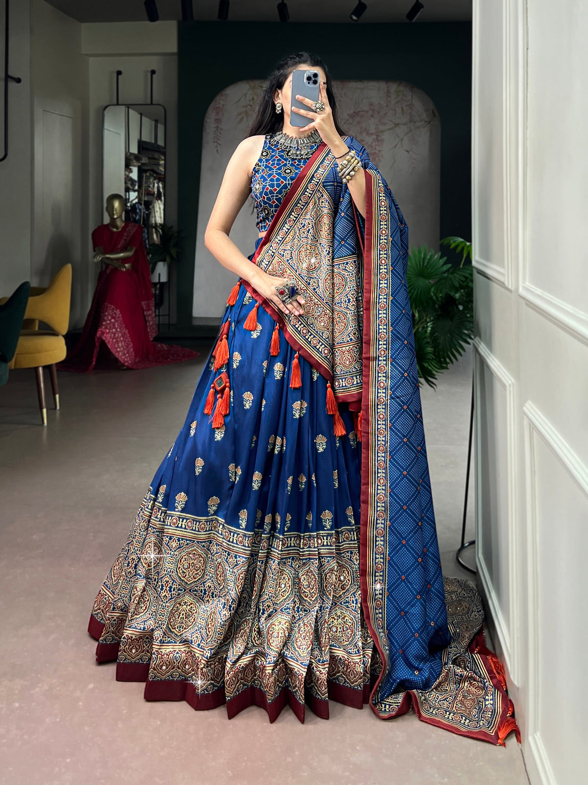 Blue Pure Tasar Silk Gamthi Work Navratri Lehenga Choli