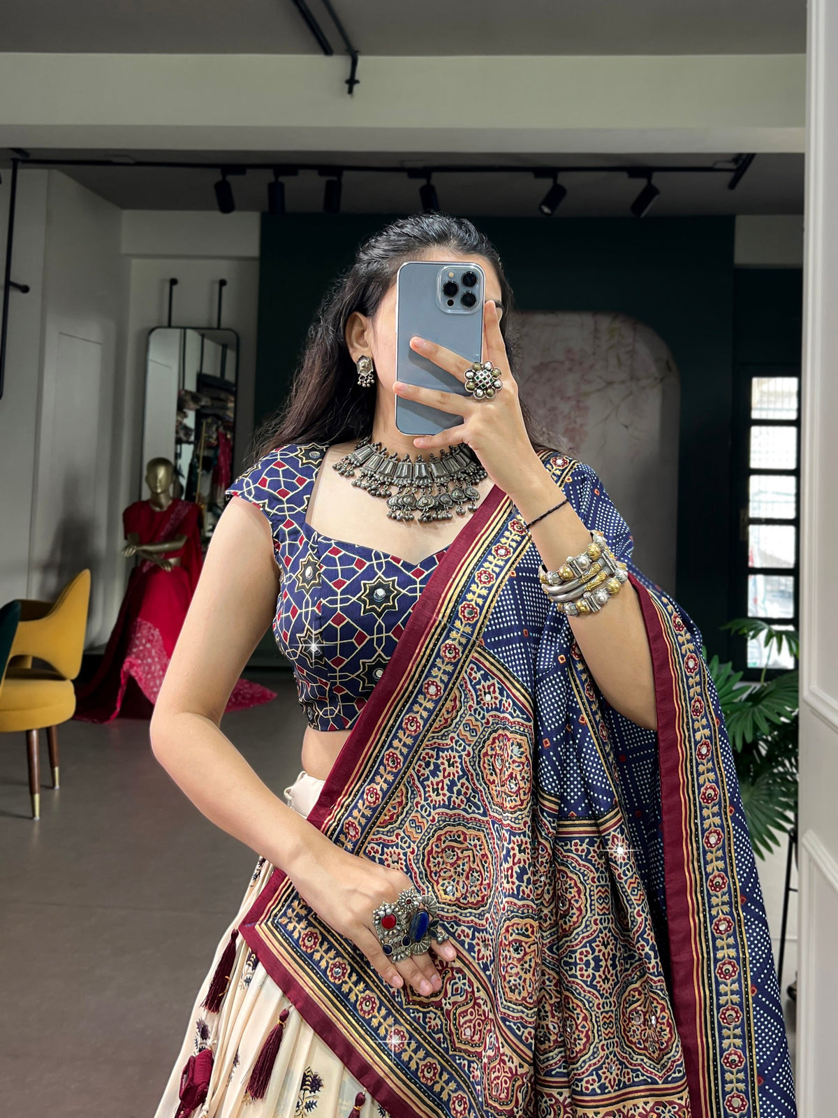 Off White Pure Tasar Silk Gamthi Work Navratri Lehenga Choli