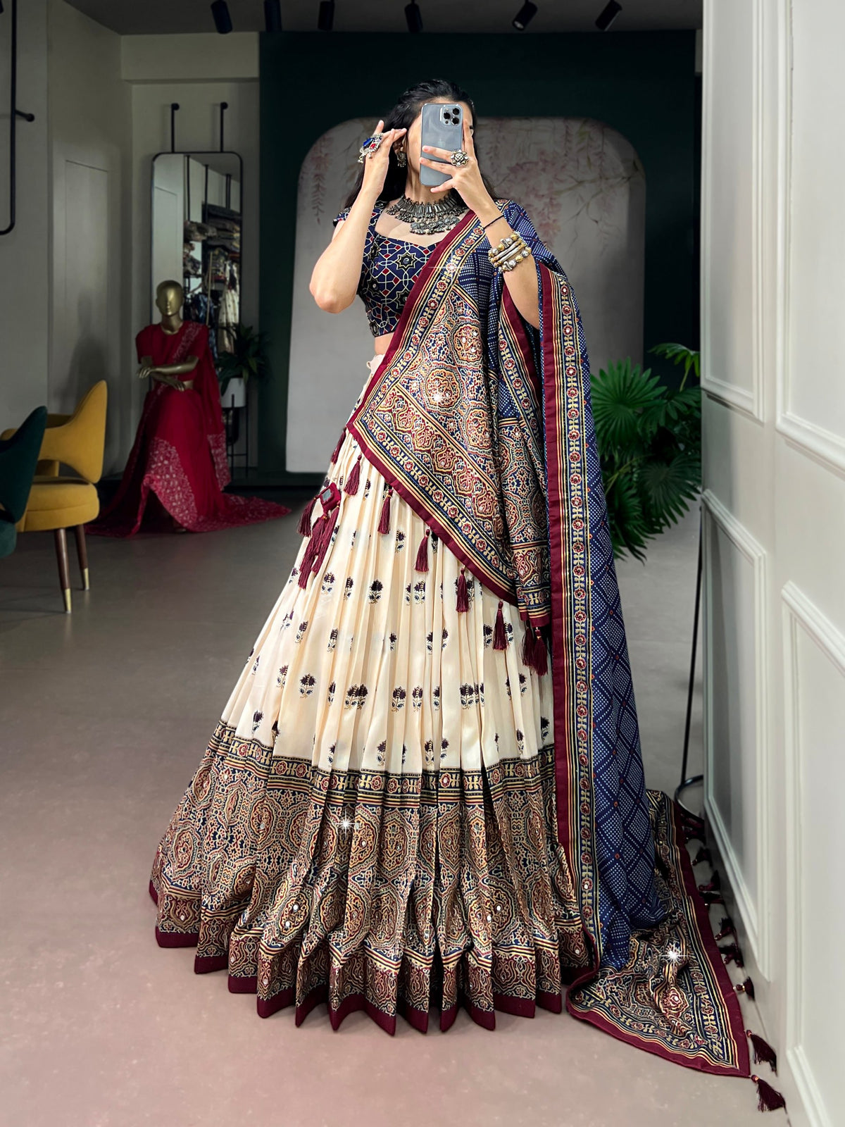 Off White Pure Tasar Silk Gamthi Work Navratri Lehenga Choli