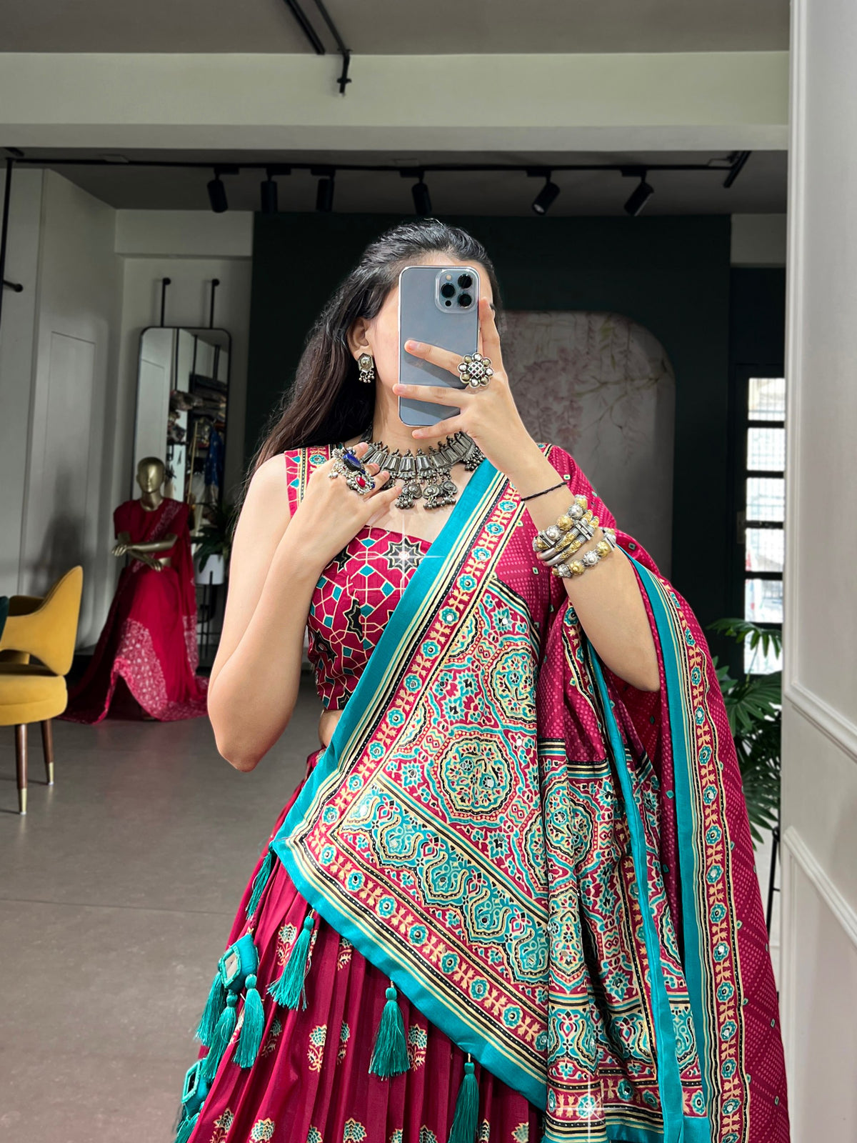 Pink Pure Tasar Silk Gamthi Work Navratri Lehenga Choli
