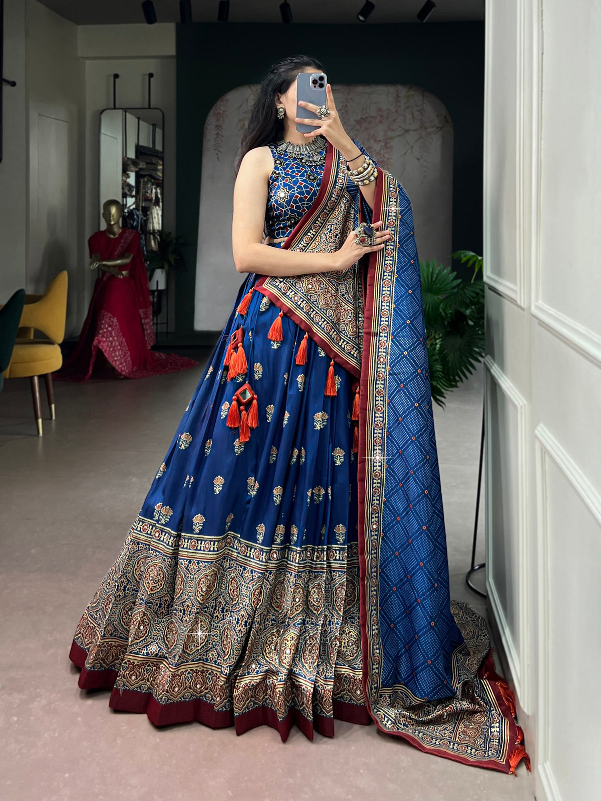 Blue Pure Tasar Silk Gamthi Work Navratri Lehenga Choli