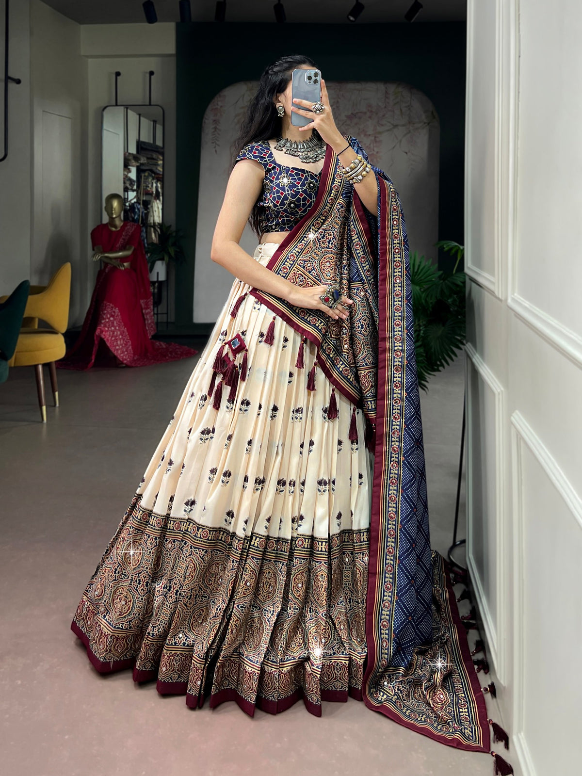 Off White Pure Tasar Silk Gamthi Work Navratri Lehenga Choli
