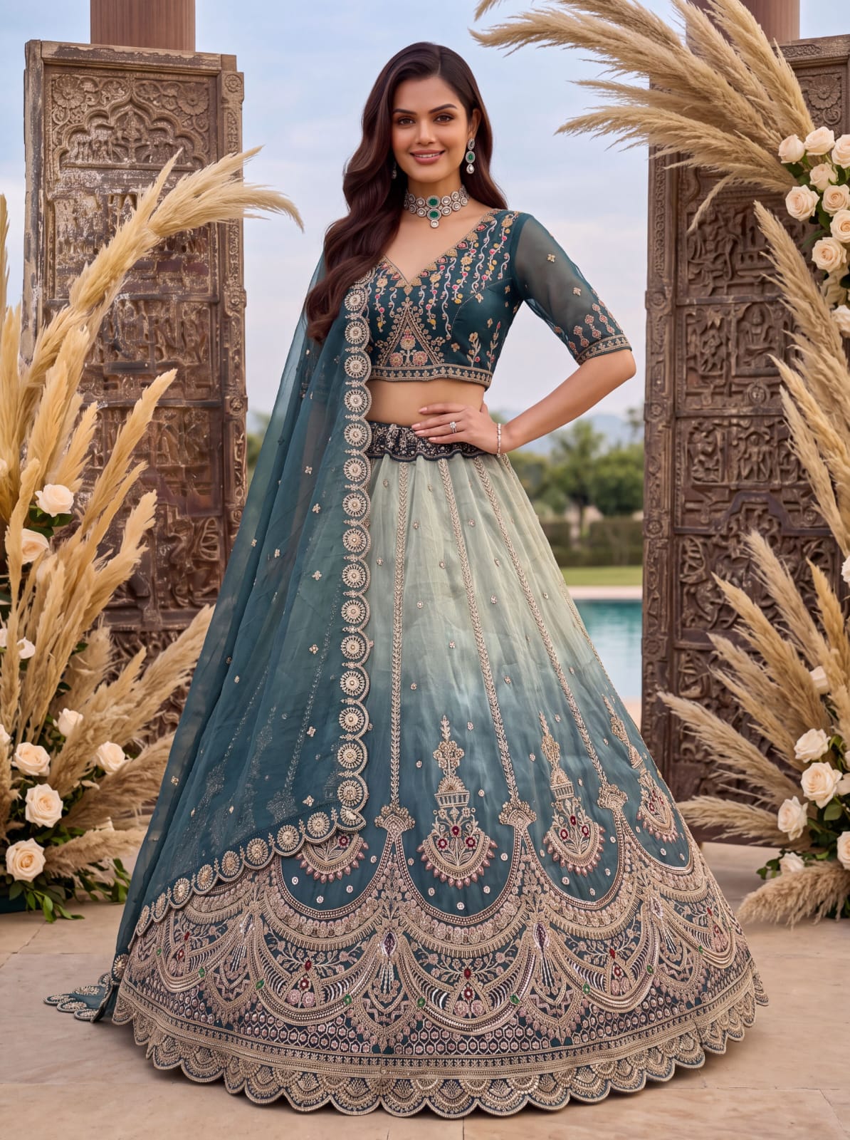 Beige Sky Pure Chandnia Silk Handwork Motif Crystal Beads Multi Thread Dori Sequins Work Bridal Lehenga Choli