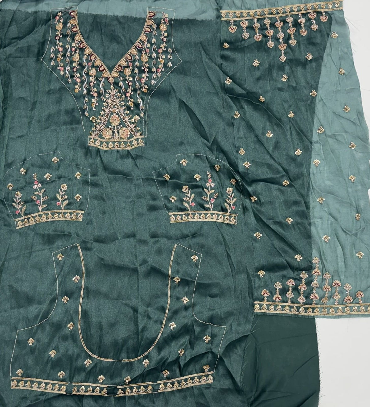 Beige Sky Pure Chandnia Silk Handwork Motif Crystal Beads Multi Thread Dori Sequins Work Bridal Lehenga Choli